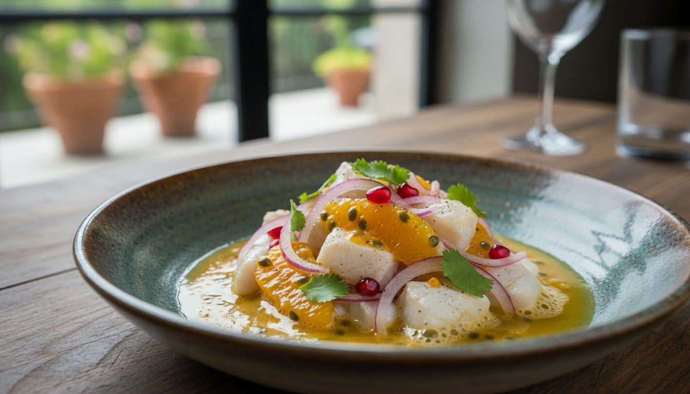 découvrez un ceviche exotique de cabillaud délicatement parfumé à la passion, accompagné d'oignons rouges croquants pour une explosion de saveurs fraîches et fruitées.