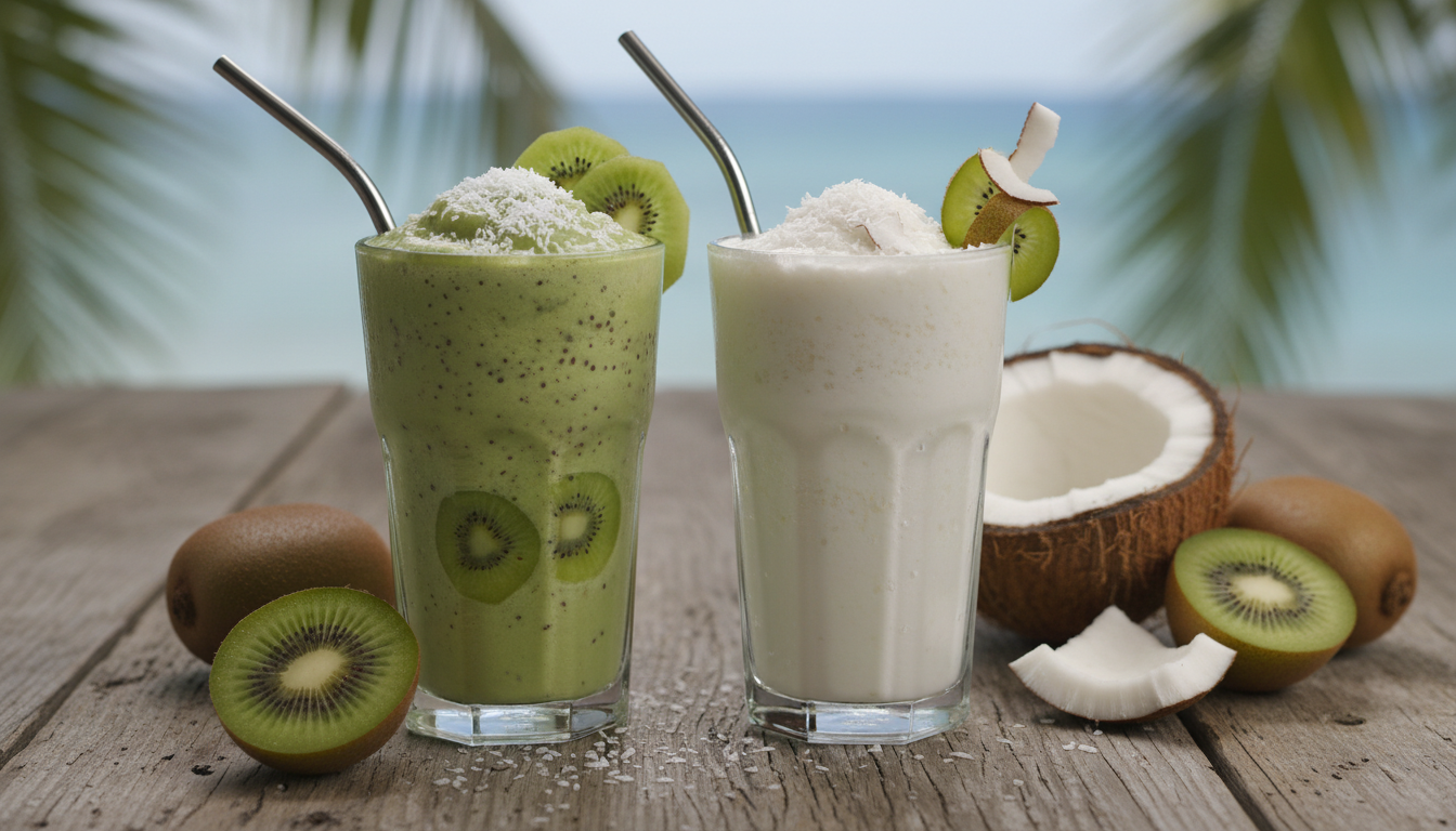 découvrez délice tropical, le duo parfait kiwi et noix de coco pour un milkshake inoubliable, alliant fraîcheur fruitée et douceur exotique.