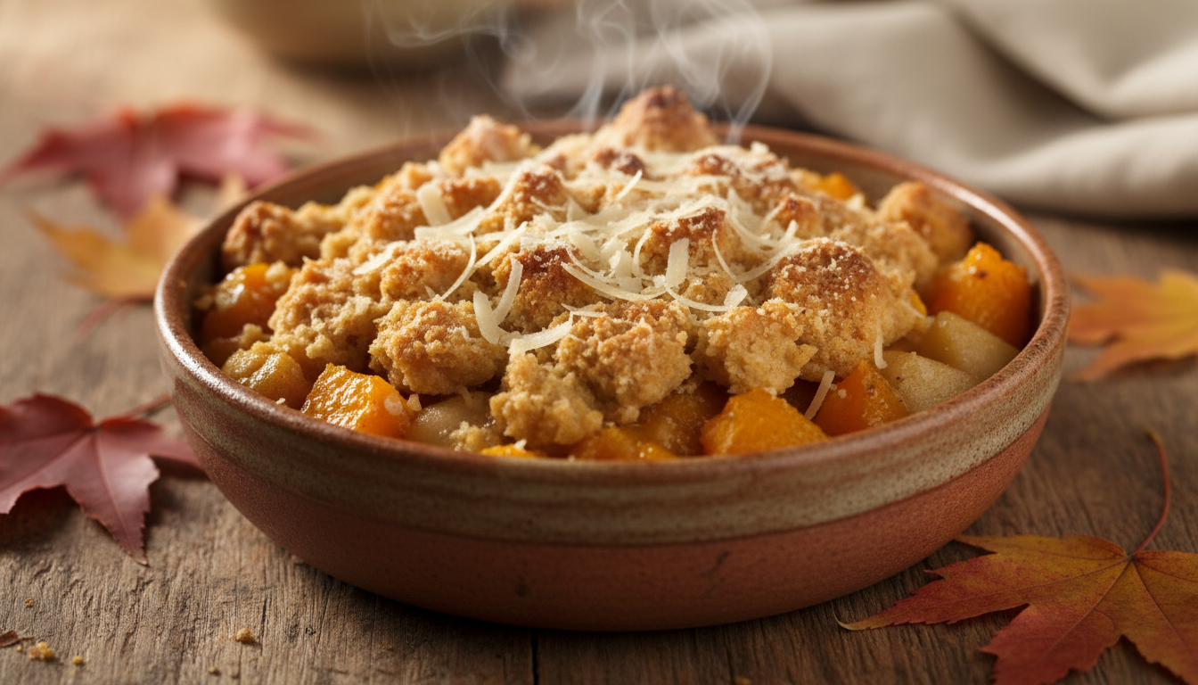 découvrez notre recette automnale de crumble à la courge musquée, avec des poires fondantes et une touche de parmesan aromatique pour un équilibre parfait entre douceur et saveurs salées.