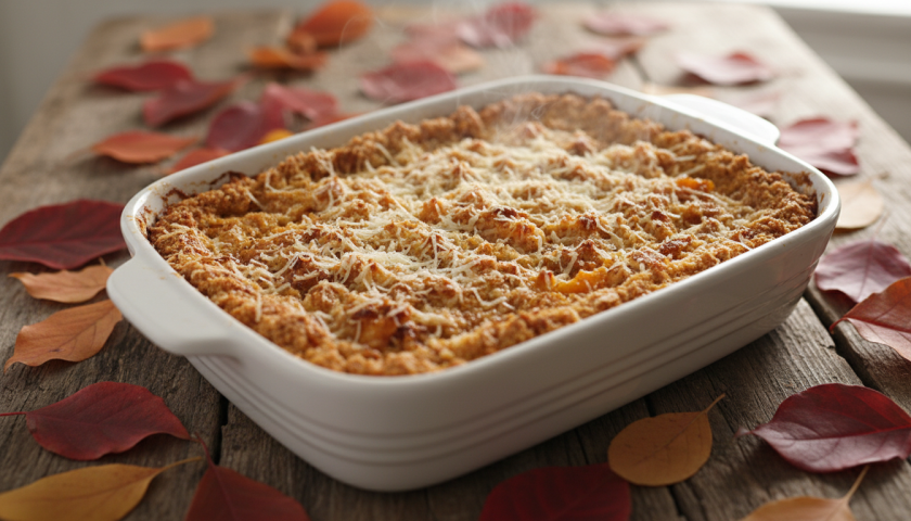 découvrez notre crumble automnal alliant la douceur de la courge musquée, la fraîcheur des poires fondantes et le goût parfumé du parmesan pour un dessert gourmand et original.