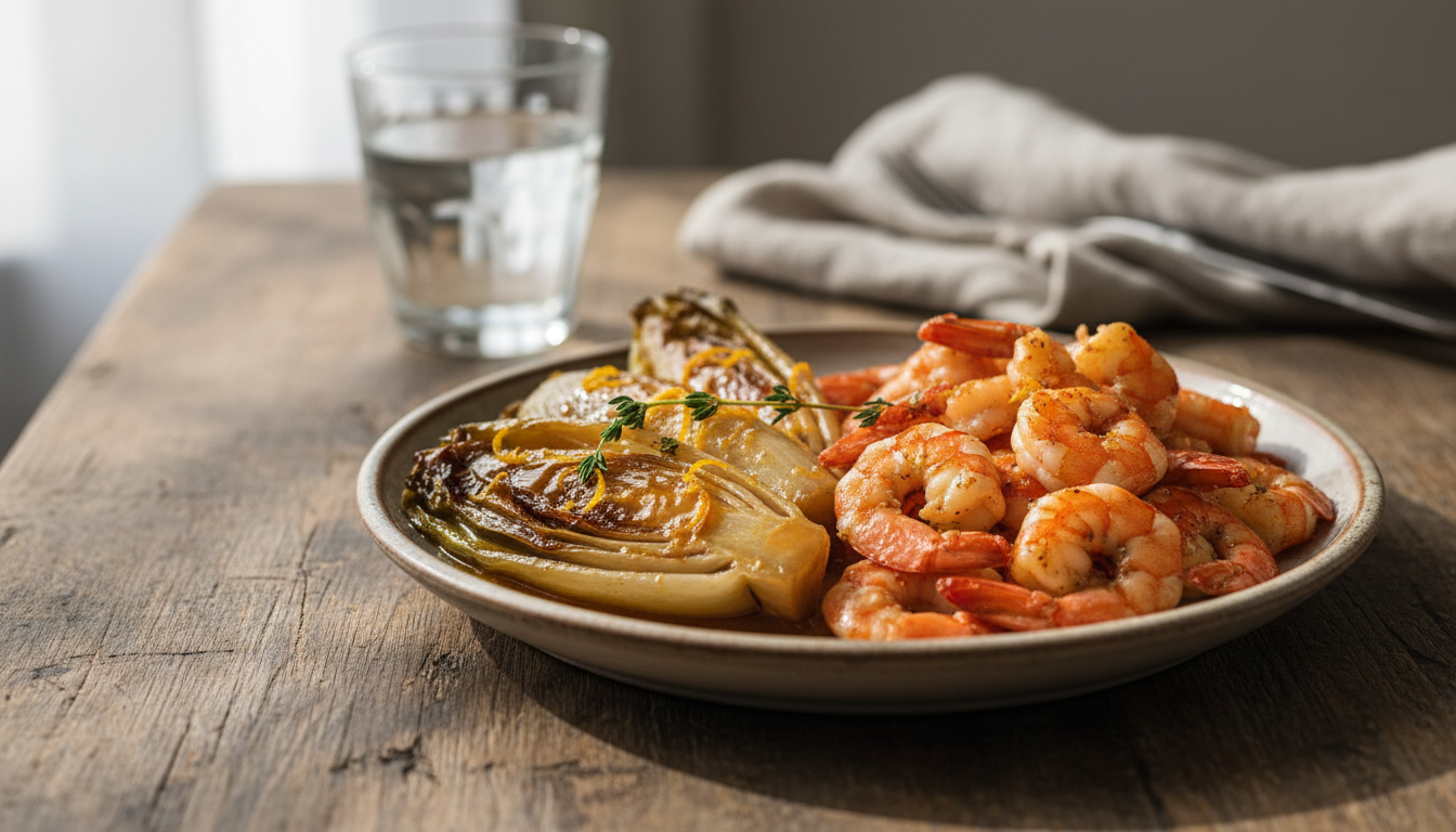 découvrez la recette des endives braisées à l’orange, rehaussées par des crevettes savoureuses pour un plat gourmand et raffiné.