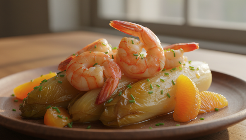 découvrez une recette délicieuse d'endives braisées à l'orange, agrémentées de crevettes savoureuses pour un plat gourmand et plein de fraîcheur.