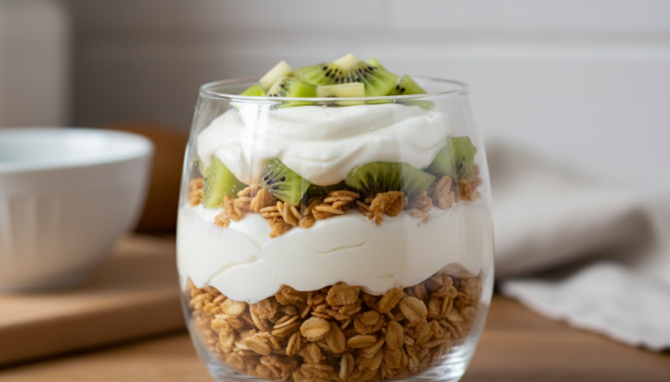 découvrez la verrine gourmande alliant la douceur du fromage blanc, la fraîcheur du kiwi et le croquant du granola maison pour une explosion de saveurs et de textures.
