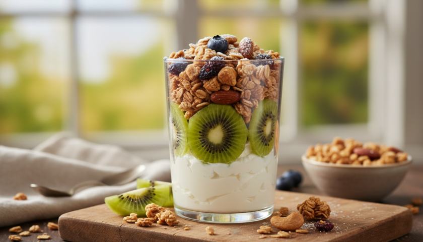 découvrez une verrine gourmande alliant la douceur du fromage blanc, la fraîcheur du kiwi et le croquant du granola maison pour un dessert sain et savoureux.