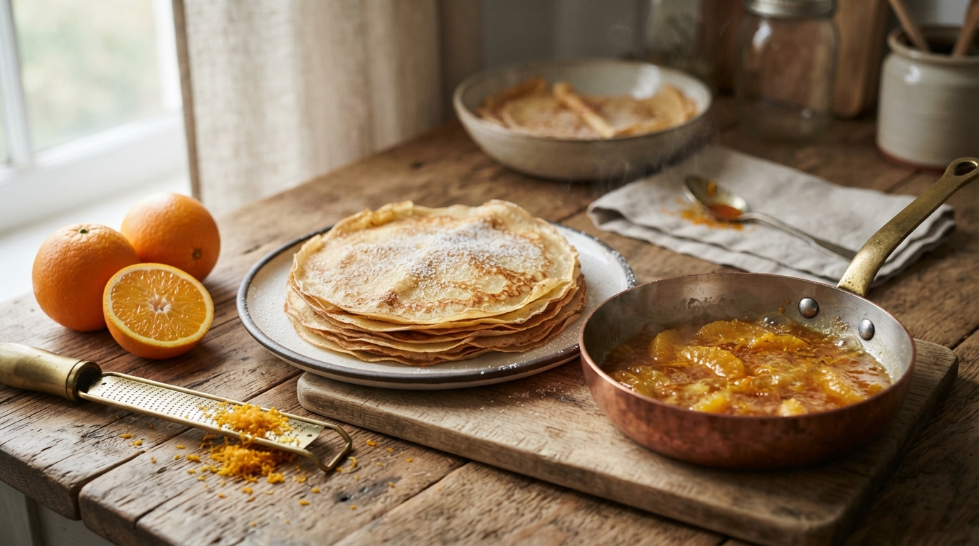 préparez une authentique crêpe suzette à l’orange et découvrez comment la flamber étape par étape pour réussir ce grand classique français.