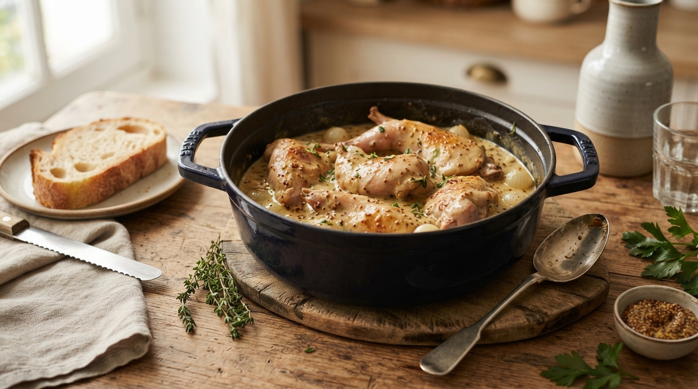 découvrez le lapin à la moutarde en cocotte : une recette traditionnelle, tendre et fondante, nappée d’une sauce crémeuse pleine de saveurs.