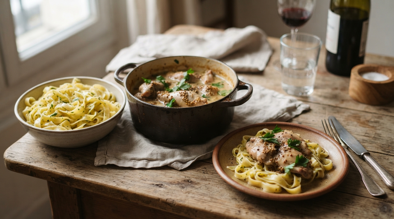 découvrez notre recette traditionnelle de lapin à la moutarde en cocotte : une viande tendre, nappée d’une sauce crémeuse et savoureuse, facile à préparer.